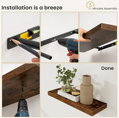 Fun Memories Floating Shelves for Wall, Rustic Wood Wall Mounted Shelves for Bathroom, Bedroom, Living Room and Kitchen, Stor