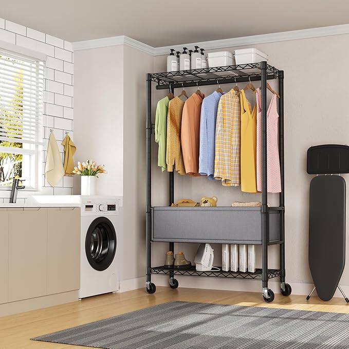 Heavy Duty Clothes Rack Rolling Garment Rack,3 Tier Adjustable Wire Shelving Clothing Racks for Hanging Clothes with Double R