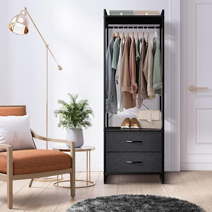 Sorbus Clothing Rack with Drawers - Clothes Stand Dresser - Wood Top, Steel Frame, & Fabric Drawers - Tall Closet Storage Org