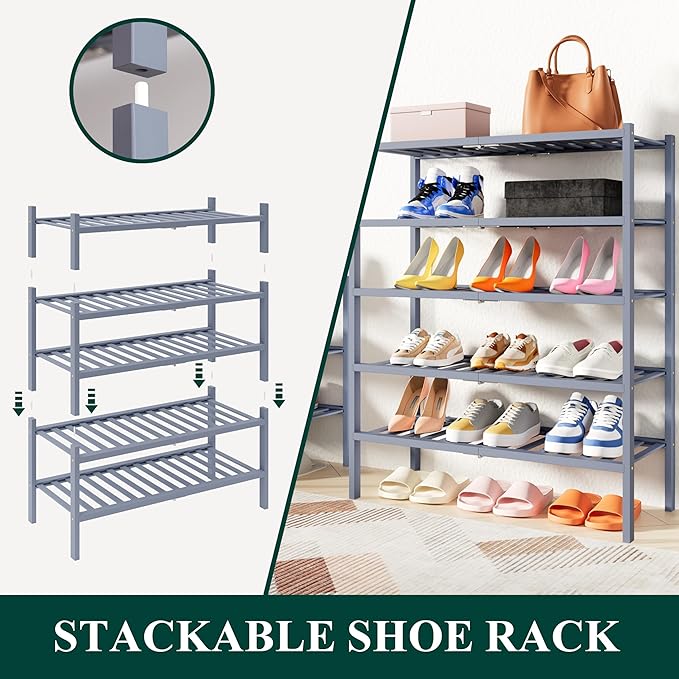 Smiry Shoe Rack, 4 Tier Thick Bamboo Shoe Organizer, Stackable Free Standing Wooden Shoe Storage Shelf for Closet, Entryway, 