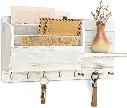 Rebee Vision Pine Wood Key Holder Wall Mount for Home Decor– Farmhouse Key Holder for Wall with Mail Slot & Shelf for Mail & 