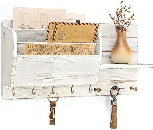 Rebee Vision Pine Wood Key Holder Wall Mount for Home Decor– Farmhouse Key Holder for Wall with Mail Slot & Shelf for Mail & 
