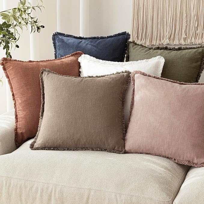 Foindtower Set of 2 Decorative Linen Fringe Throw Pillow Covers Boho Farmhouse Cushion Cover with Tassels Soft Accent Pillowc