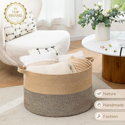 INDRESSME Extra Large Woven Baskets for Storage, 21.7 x 13.8 Blanket Basket Living Room Wicker Storage Basket for Organizing 