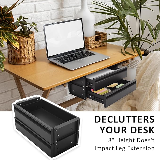 15 in 2-tier Under Desk Drawer,Adjustable Height, Under Desk Drawer Slide Out with Slide Extension Mounted Under Flat Wooden 