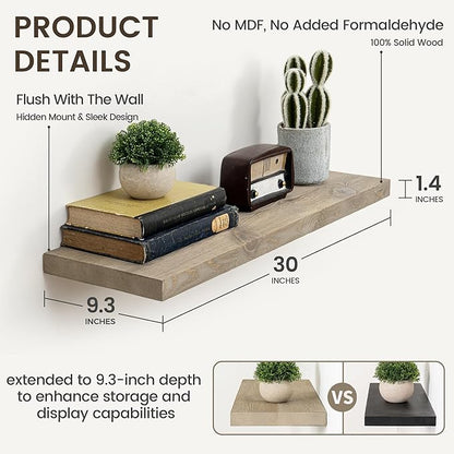 Marsmiles 30 Inch Floating Shelves | 9.3 Inch Deep Grey Wood Wall Shelves Set of 2 | Rustic Reclaimed Wood Shelves for Room W