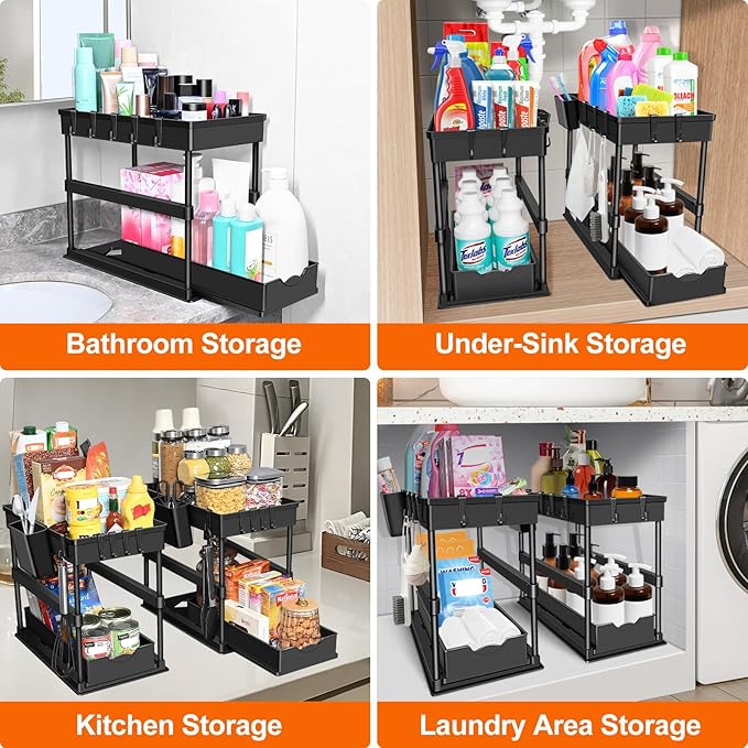 JPart Under Sink Organizer, Kitchen Organizers and Storage, 2-Tier Bathroom Cabinet Organizer with Sliding Drawers, Thickened