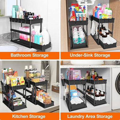 JPart Under Sink Organizer, Kitchen Organizers and Storage, 2-Tier Bathroom Cabinet Organizer with Sliding Drawers, Thickened