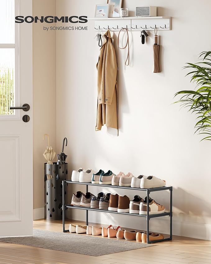 SONGMICS Shoe Rack, 2-Tier Shoe Organizer, Metal Storage Shelf, Upright or Upside Down, for 12-15 Pairs, Stackable, for Entry