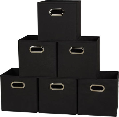 Household Essentials Foldable Fabric Storage Bins 6 Piece Set, Strong Poly-Woven Fabric, Sturdy Chipboard Sides, Grommet Fron