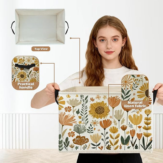 Boho Floral Storage Box Bins, Cottagecore Country Wildflower Botanical Collapsible Storage Basket Organizer for Bedroom Laund
