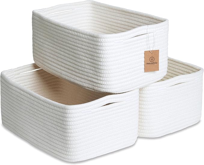 NaturalCozy 13.5”x8.5”x5.5” Storage Baskets for Shelves 3 Pack | Cotton Rope Woven Small Baskets for Organizing | Small Stora