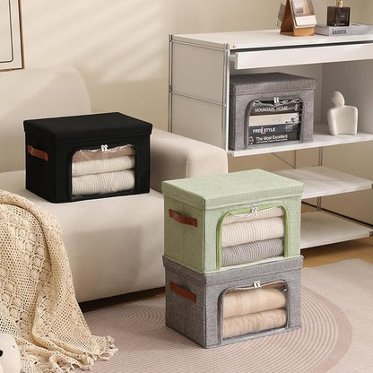 2PCS Large Storage Bins Boxes with Lids Clear Window Zipper Closure Decorative Cotton Linen Fabric Baskets with PU Leather Ha