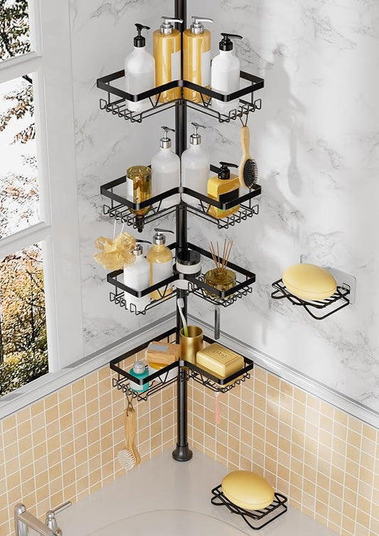 Corner Shower Caddy + 2 Soap Holders, 4 Tier Shower Caddy Tension Pole Stainless Steel Black, Extends 25-114.2 Inches, for Ba
