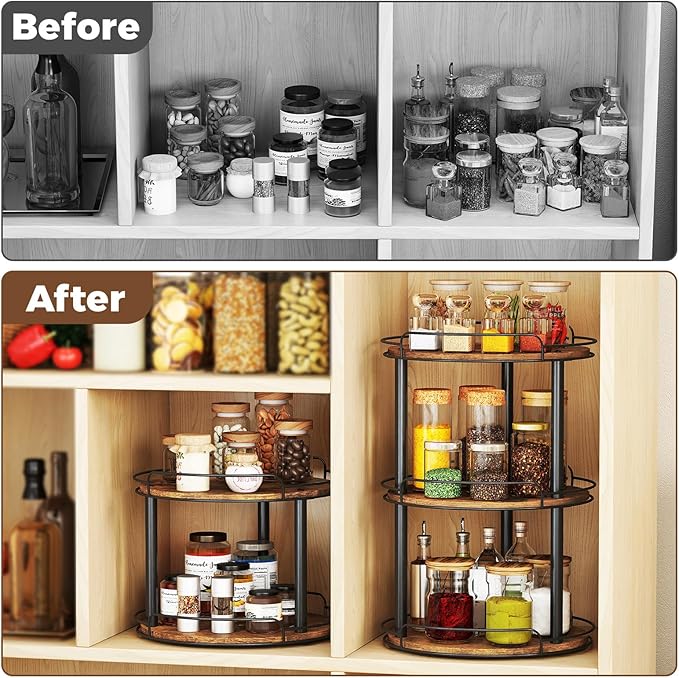 LAMU 12.2'' Wood Lazy Susan Turntable Organizer for Cabinet, 2 Tier Lazy Susan Spice Rack Organizer for Kitchen, Table Top, C
