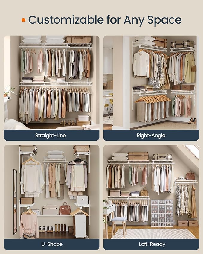 SONGMICS HOME Closet System, Closet Insert Organizer, 4-6 ft, Adjustable Metal Shelving Unit with 6 Hanging Rods, 6 Shelves, 