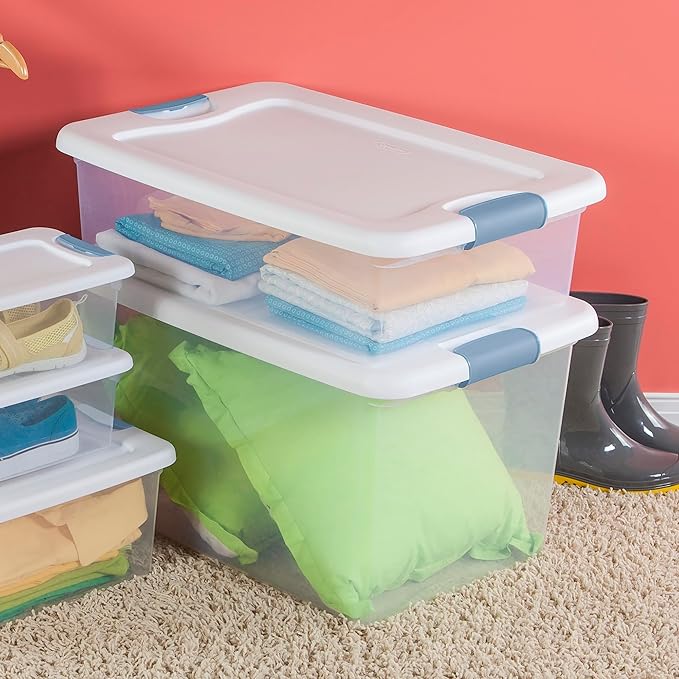 Sterilite 12-Pack Latching Box, Under Bed Storage Bins with Lids, Clear Plastic, 32 Quart - Heavy-Duty Organizing Containers 