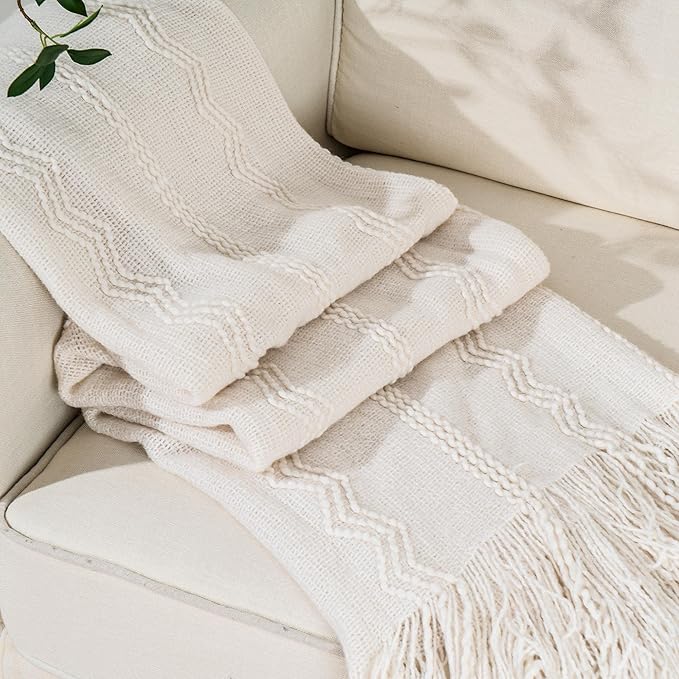 BATTILO HOME Cream Throw Blanket for Couch, Bedroom Decor Boho Throw Blanket, Decorative White Blanket Throw for Sofa Living 