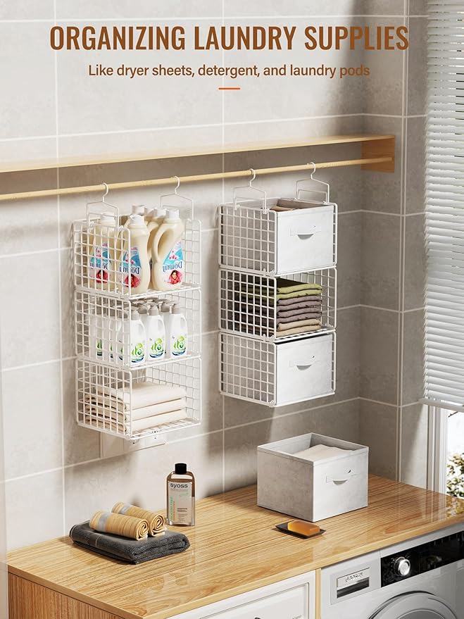 Closet Hanging Organizer with Drawers, 6 Tier Metal Closet Organizers and Storage with 4 Hanging Hooks 4 S-Hooks for Wardrobe