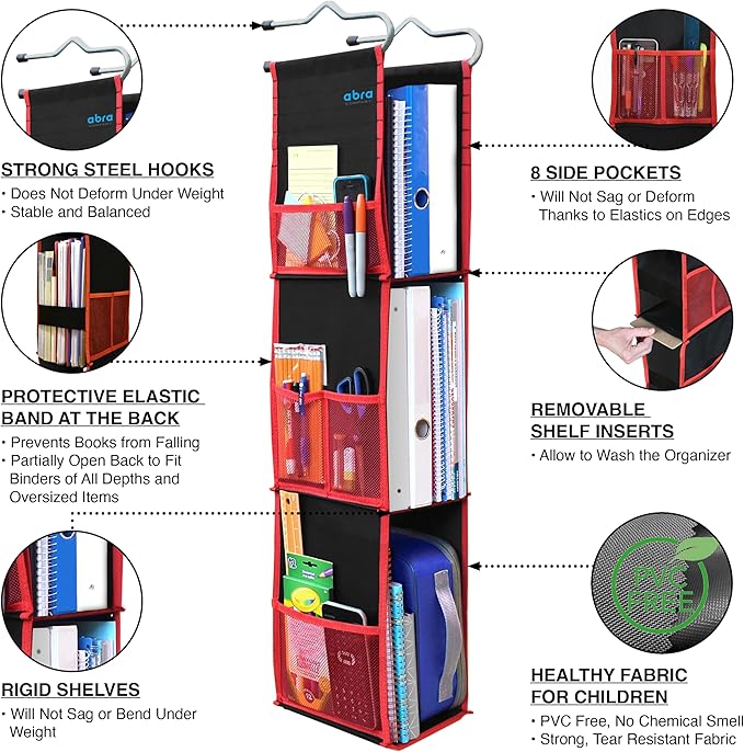 ABRA® 3 Shelf Hanging Locker Organizer for School, Gym, Work, Storage | Deep Shelves 6.5”x 9”| Eco-Friendly Fabric Healthy fo