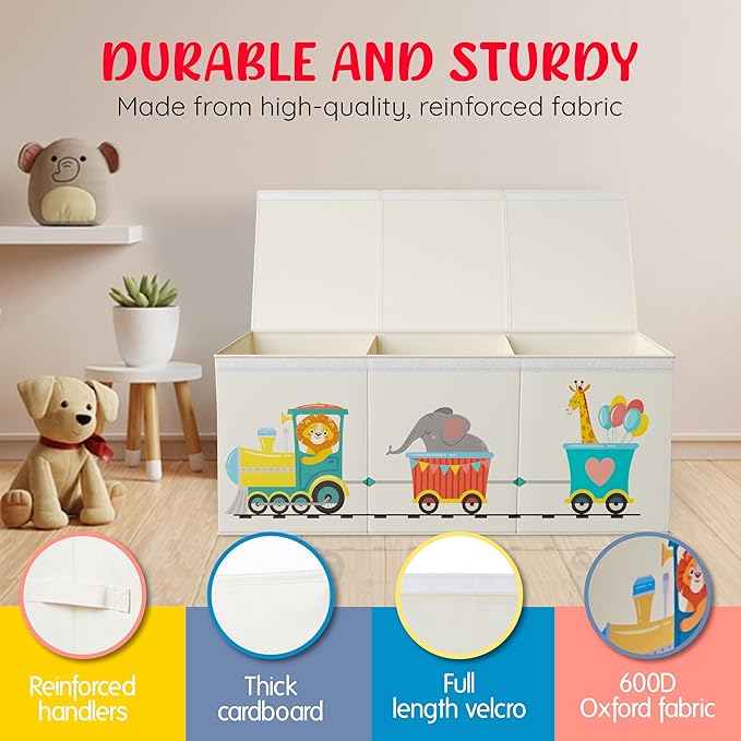 Extra Large Collapsible Sturdy Toy Storage Organizer with Lids, Animal Train Toy Box for Boys Girls, 40"x16"x16", Modern, Bei