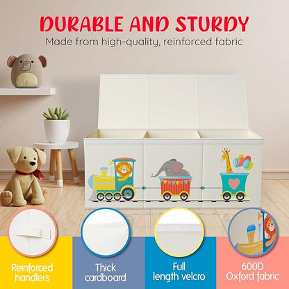 Extra Large Collapsible Sturdy Toy Storage Organizer with Lids, Animal Train Toy Box for Boys Girls, 40"x16"x16", Modern, Bei
