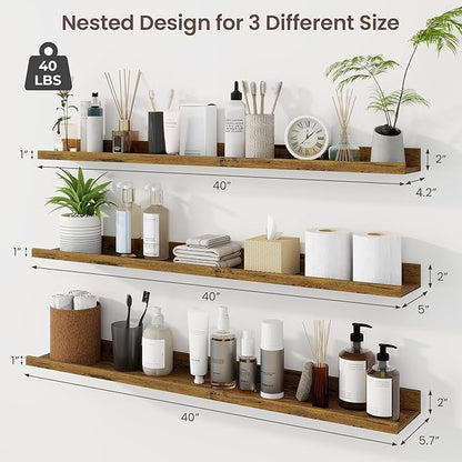Axeman 40 Inch Floating Shelves | Brown Picture Ledge Shelf Set of 3 | Rustic Brown Wood Wall Shelves with Lip | 40" Picture 