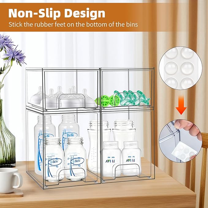 Baby Bottle Organizer, Stackable Storage Drawers with Label, Clear Station Organizers Container for Pacifiers, Pump Parts, De