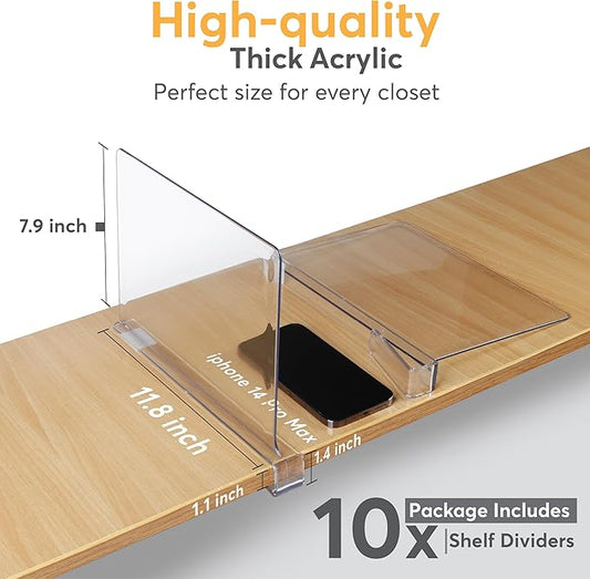 10 Pack Acrylic Shelf Dividers for Closet 11x7.9 Inch – Acrylic Dividers for Shelves Clear Closet Shelf Separators for Purses