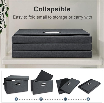 Graciadeco Medium 15" 21 Quart Collapsible Stackable Storage Bins with Lids, 3 Packs Dark Grey Foldable Fabric Closet Boxes H