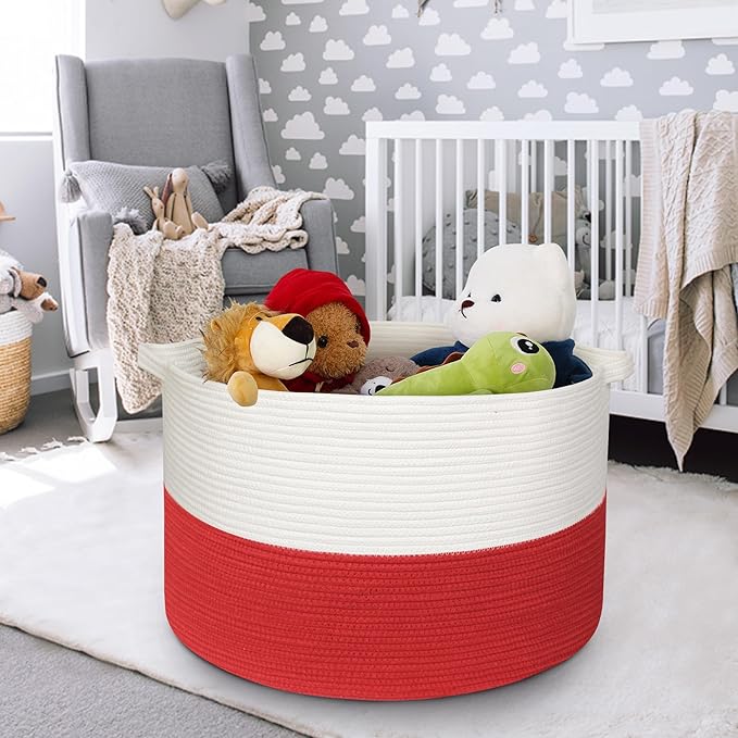 MEGASKET Large Red Baskets for Storage, 22x14 Wicker Woven Storage Basket, Blanket Organizer, Kids Toy Bin Box, Bathroom Beac
