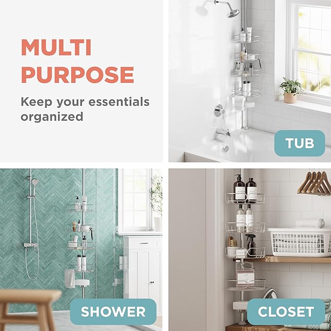 Zenna Home Tension Pole Shower Caddy Corner Organizer, Adjustable Standing Shower Caddy with 4 Shelves, Rustproof Bathroom Te