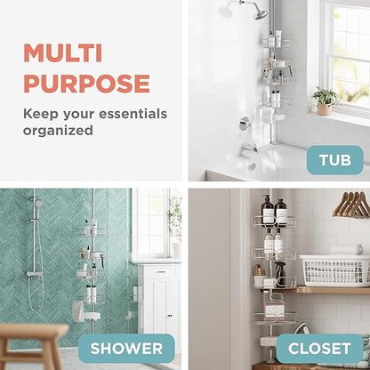 Zenna Home Tension Pole Shower Caddy Corner Organizer, Adjustable Standing Shower Caddy with 4 Shelves, Rustproof Bathroom Te