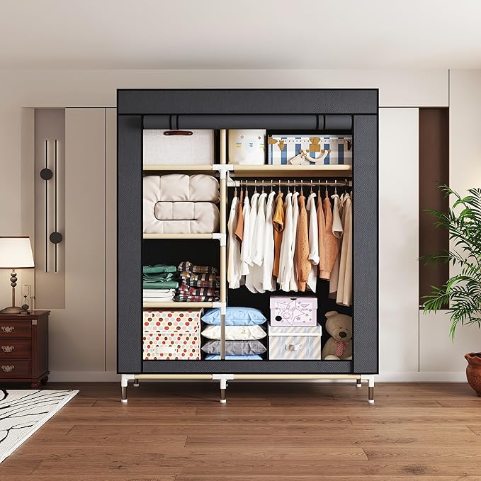 Portable Wardrobe Closet Durable and Easy to Assemble Heavy Duty Clothes Rack with Non-Woven Cover Fabric Best for Bedroom an