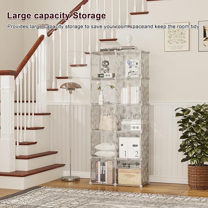 C&AHOME Cube Storage Organizer with Doors, 10-Cube Shelves, DIY Plastic Modular Bookshelf, Closet Clothes Storage Shelving Id