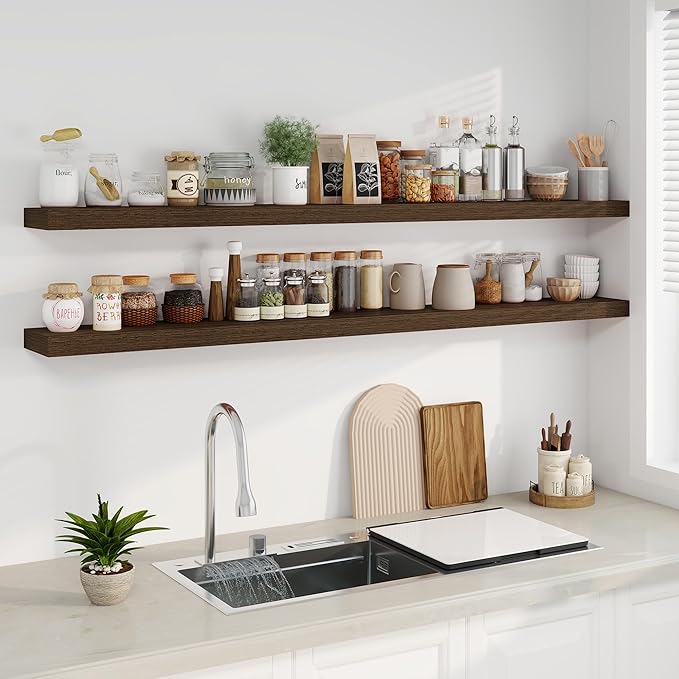 Fun Memories 72 Inch Floating Shelves, Wall Mounted Rustic Wood Floating Shelf with Invisible Brackets for Storage & Decor, 2