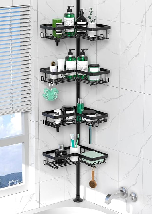 Corner Shower Caddy Tension Pole - 4 Tier Stainless Steel Rustproof Shower Corner Caddy for Bathtub Bathroom Shower Organizer