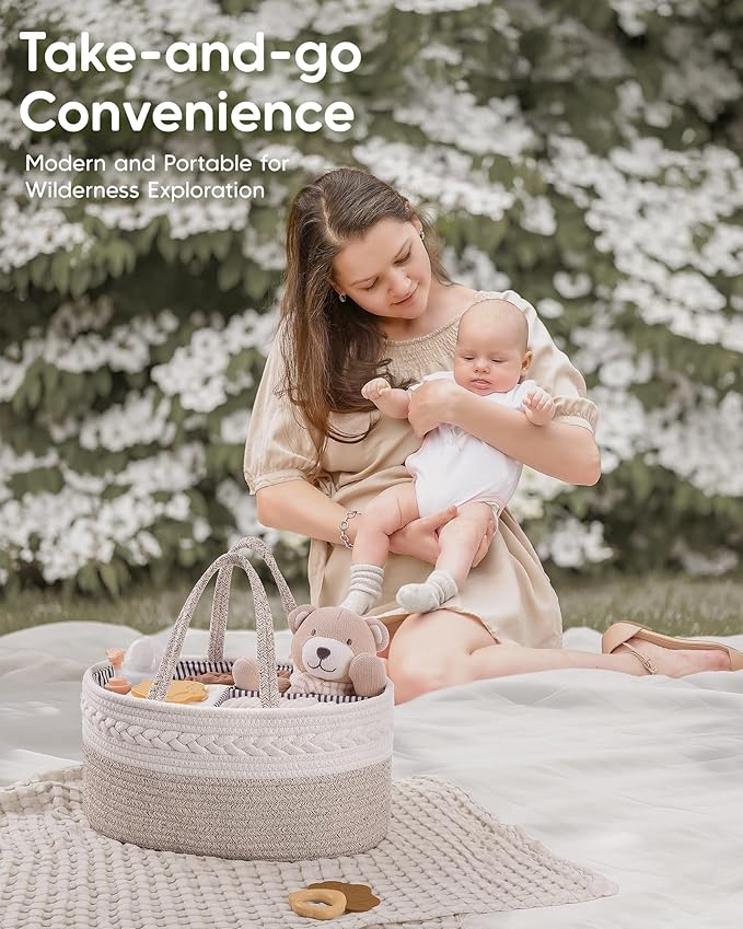 Maliton Extra Large Diaper Caddy Organizer, Cotton Rope Nursery Basket, Portable Organizer for Changing Table, Car, Diaper St