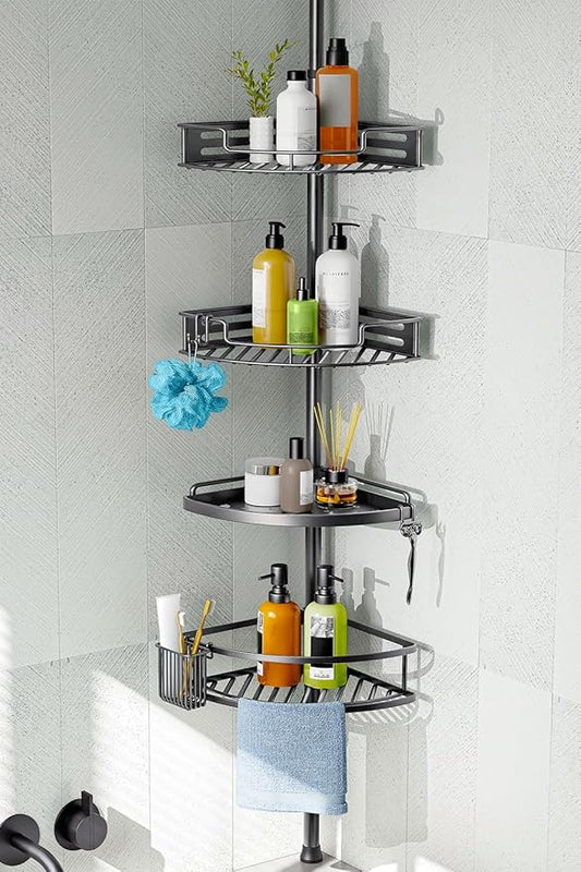 HAMITOR Corner Shower Caddy Tension Pole: Quick Installation 4-Tier Rustproof Bathroom Organizer Shelves for Bathtub Shampoo 