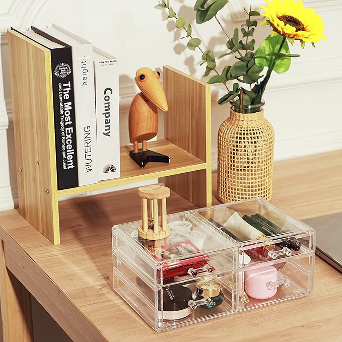 Cq acrylic Makeup Organizers with 4 Drawers,Rectangular Office Stationery Supplies Plastic Clear Storage Containers,Stackable