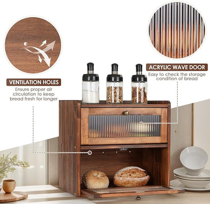 Sunhoo Bread Box for Kitchen Countertop Wooden Bread Storage Container Bin 2 Layer Breadbox Holder Large Capacity Keeper Vint