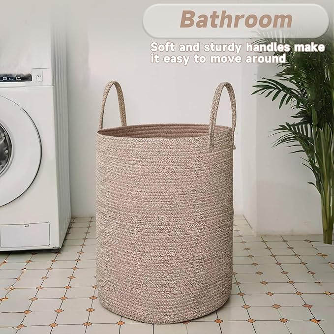 JMvicyroam Large Woven Laundry Basket Hamper,100L Cotton Rope Storage Bin for Blankets,Toys and Clothes,Decorative Tall Nurse