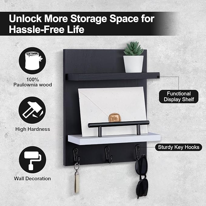 Key Holder Wall Mount, Key Holder With 2 Display Shelf, 3 Hooks for Key, Coat, Dog Leash, Key Hanger with Hook for Mail, Pott