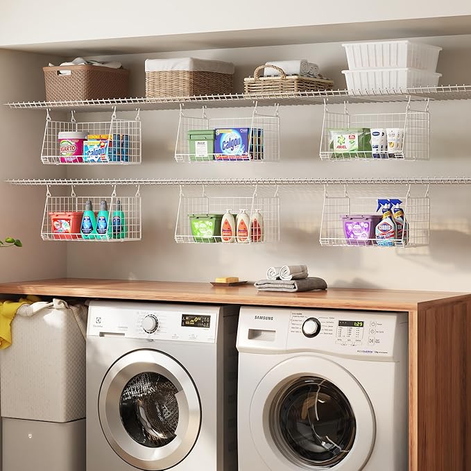 3-Tier Hanging Laundry Basket Organizer：Foldable Wire Shelf Laundry Room Organizer with 360°Rotating Hooks Small Space Soluti