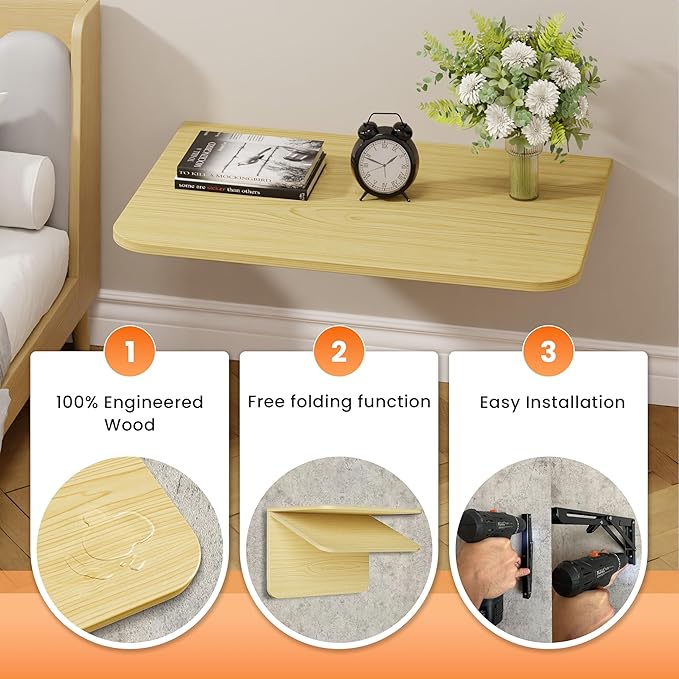 Foldable Floating Wall Shelves 20 inch, Bathroom Shelves Wall Mounted,12" Deep Wood Floating Kitchen shelves,Easy to Install 