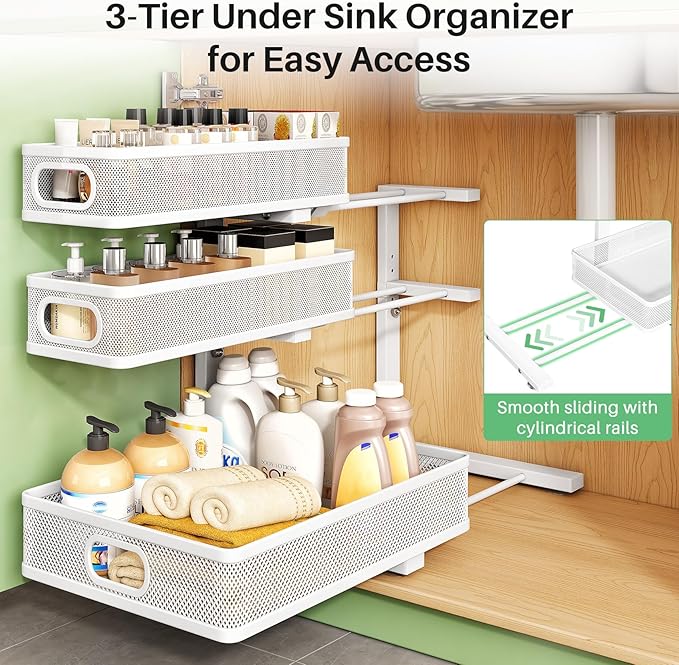 Kitstorack Under Sink Organizer, 2-Pack 3-Tier Height Adjustable Thickened Metal Pull out Cabinet Organizer Shelf, Slide out 