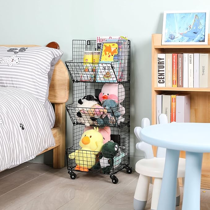 Sonyabecca Outdoor Toy Storage Basket, Play Kitchen Organizer with 5 S-Hooks,3 Tier Rolling Storage Cart Garage, Pantry Floor