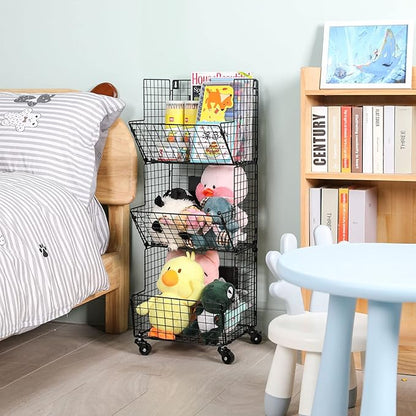 Sonyabecca Outdoor Toy Storage Basket, Play Kitchen Organizer with 5 S-Hooks,3 Tier Rolling Storage Cart Garage, Pantry Floor