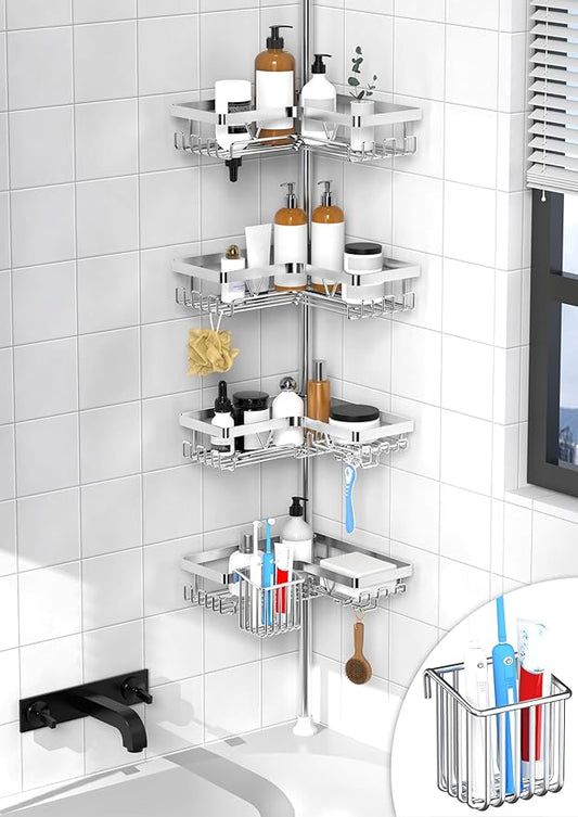KEGII Shower Caddy Corner Tension Pole - Adjustable Corner Shower Organizer with Tooth Brush Holder, No Drilling Rustproof Ba