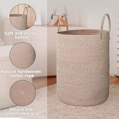 JMvicyroam Large Woven Laundry Basket Hamper,100L Cotton Rope Storage Bin for Blankets,Toys and Clothes,Decorative Tall Nurse
